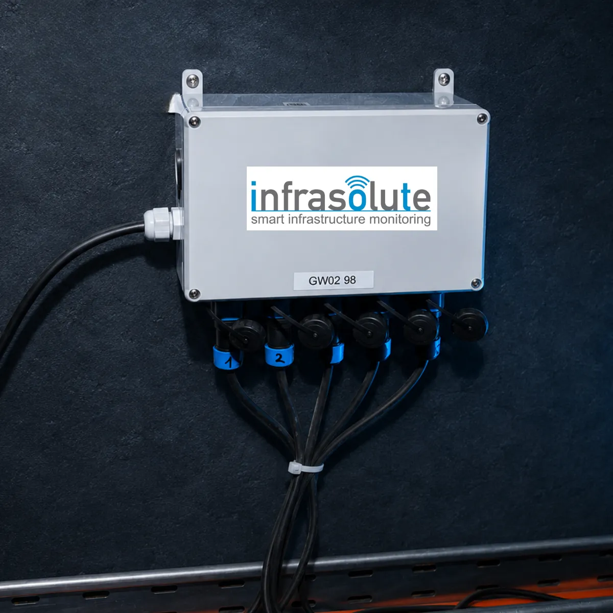 Infrasolute-Gateway mit sechs Kabelanschlüssen an einer Wand