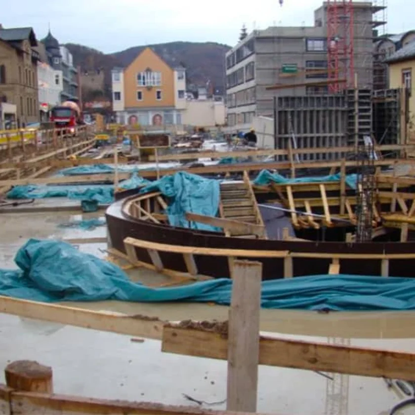 Construction site of a new multi-storey car park with formwork and reinforcement