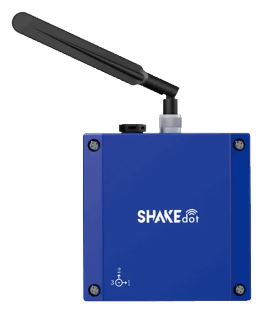 Vibrationssensor SHAKEdot, blaues Gehäuse mit Antenne, freigestellt