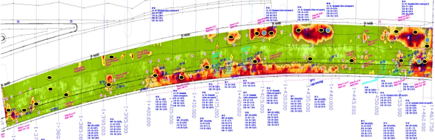 Plan of the Südbrücke with colour-coded sensor layout along the structure